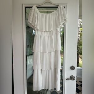 bebe Off-Shoulder White Midi Dress